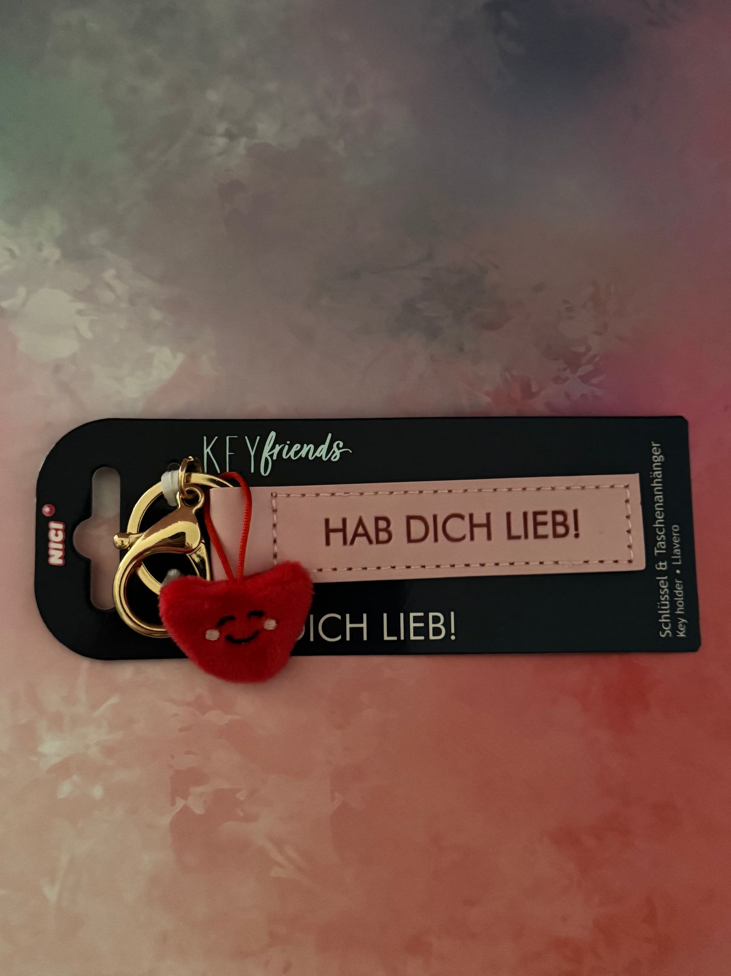 Schlüsselanhänger "Hab dich lieb!" Kunstlederband rosa 10cm m. Herz an Header Karte